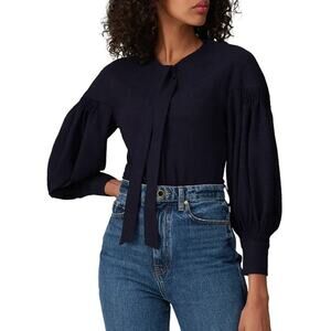 Teija Navy Blue Silk Bow Blouse  SIZE 10 Seersucker Balloon Sleeve Designer $532